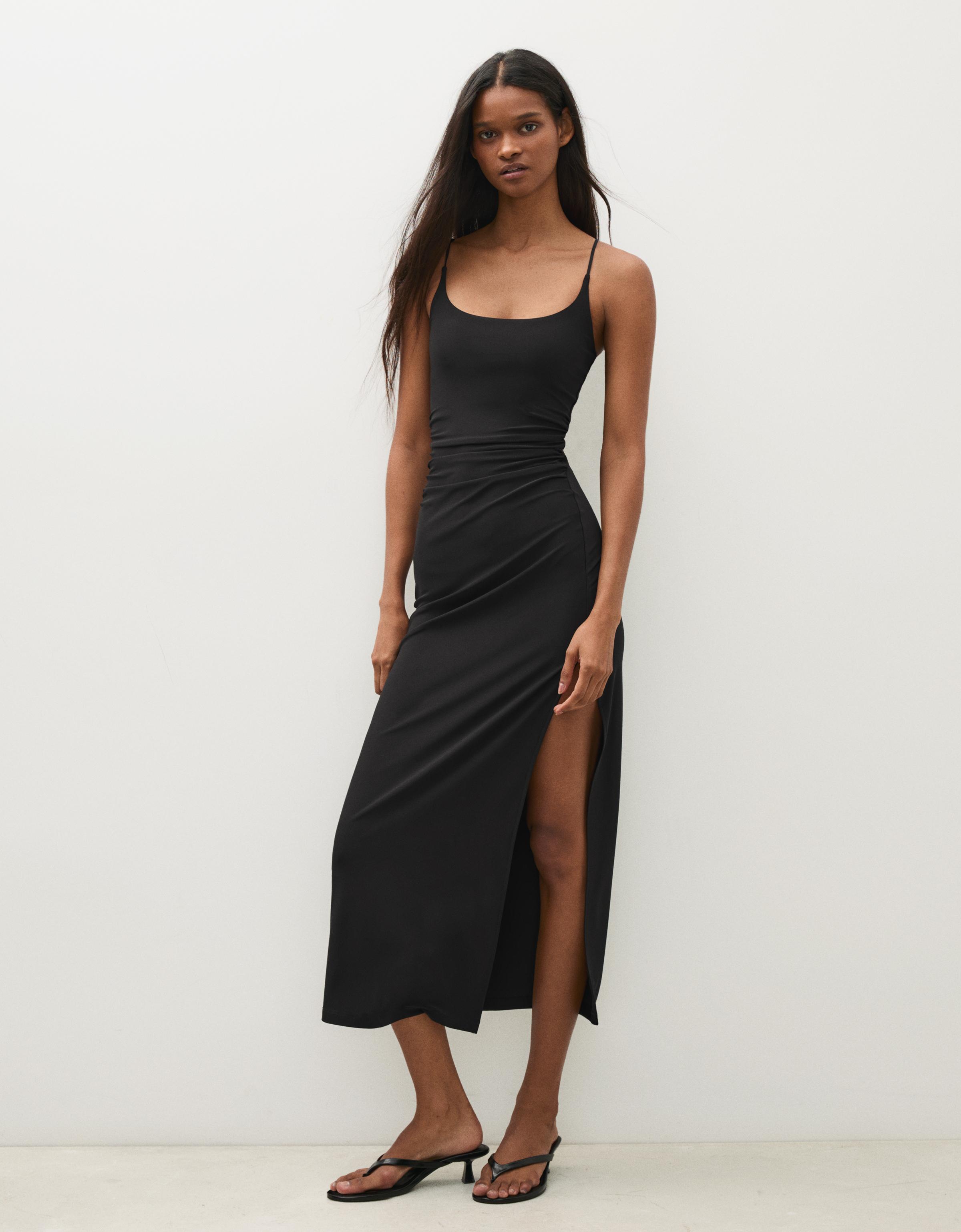 Ruched strap midi dress — Black