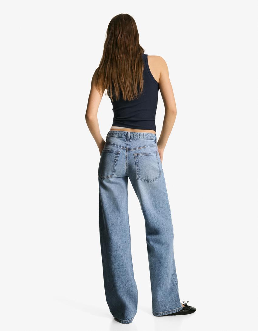 Wide-leg crossover waist jeans-Light blue