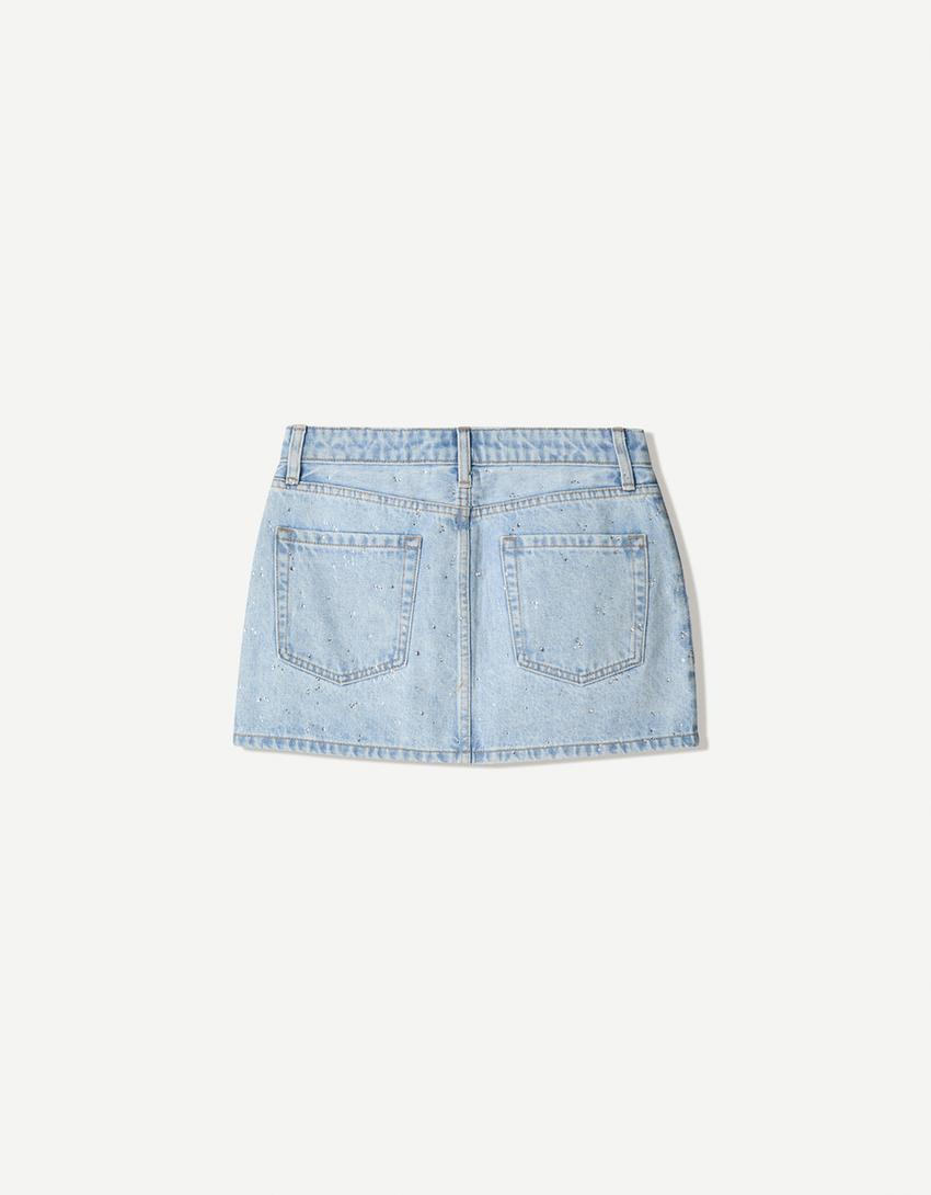 Lårkort nederdel i denim med glimmer-Lyseblå-5