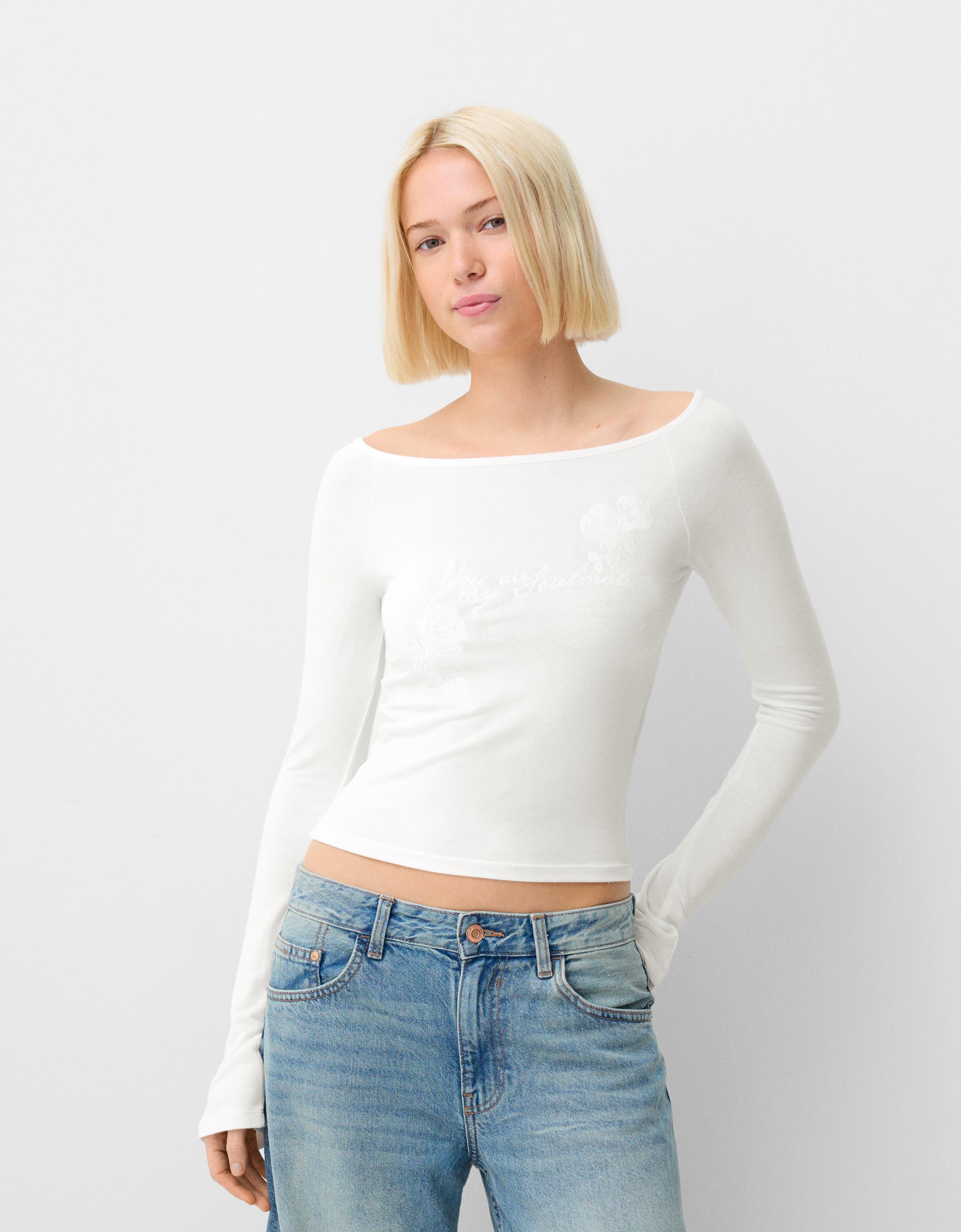 Bershka Langarmshirt Mit Langen Ärmeln Bateau-Ausschnitt Und Stickerei Damen M Grbrochenes Weiss