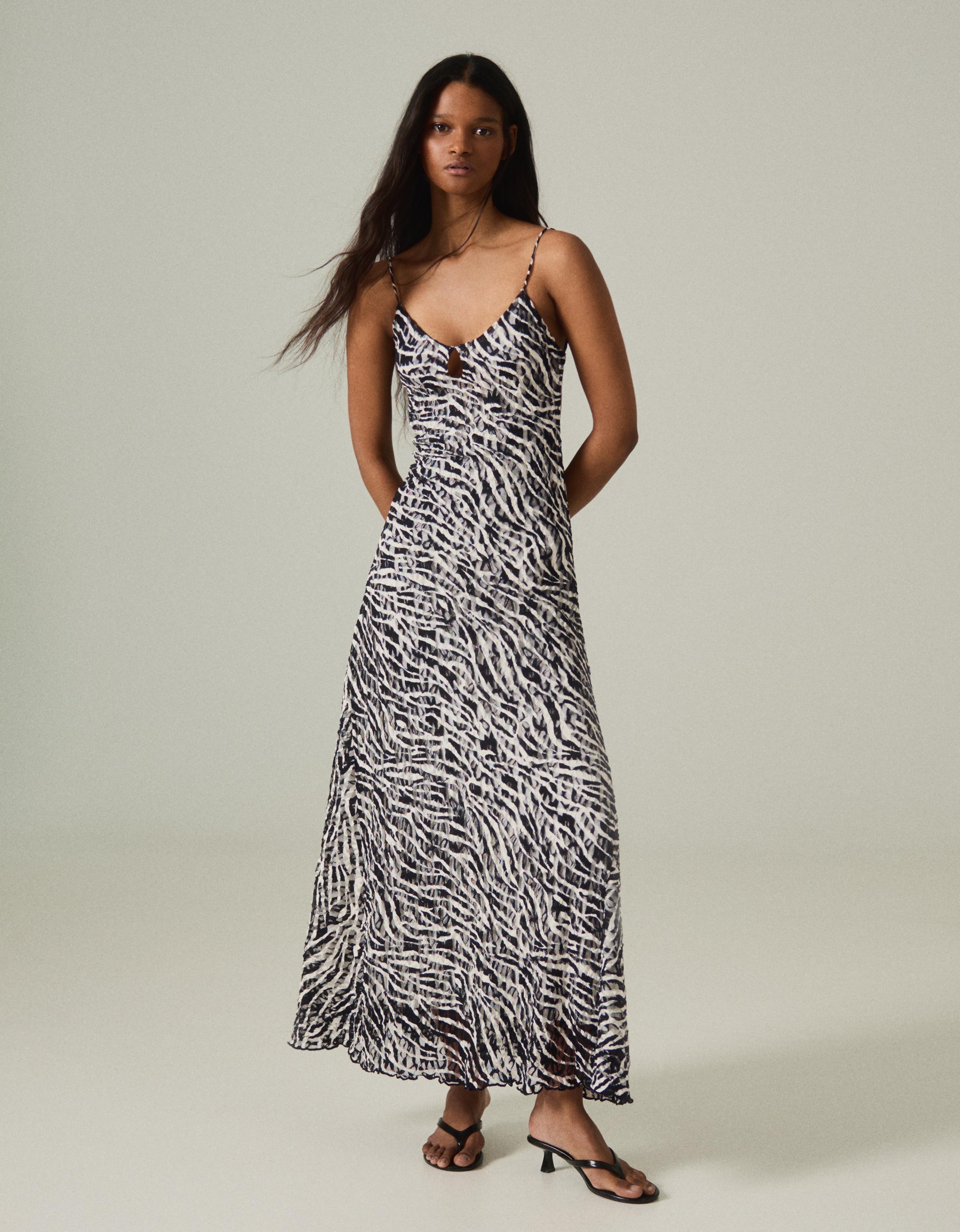 Bershka Vestido Midi Tirantes Print Mujer Blanco Roto