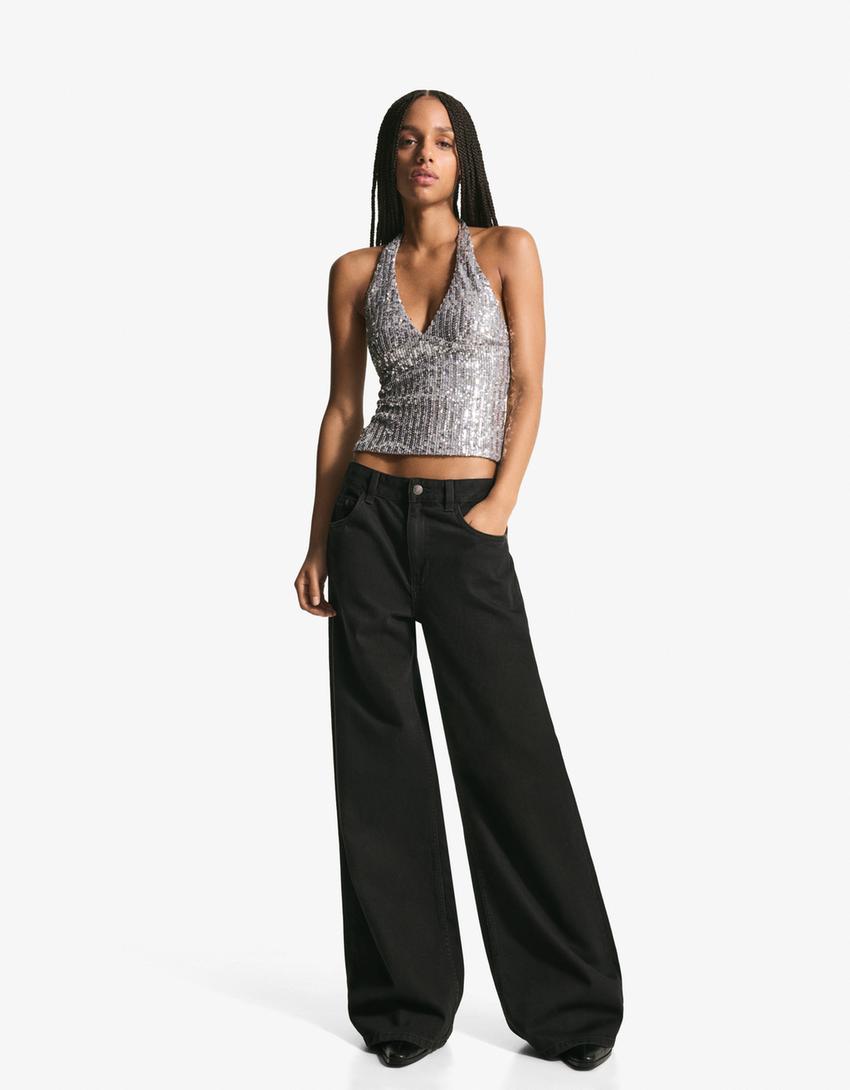 Draped halter top with sequins-Silver