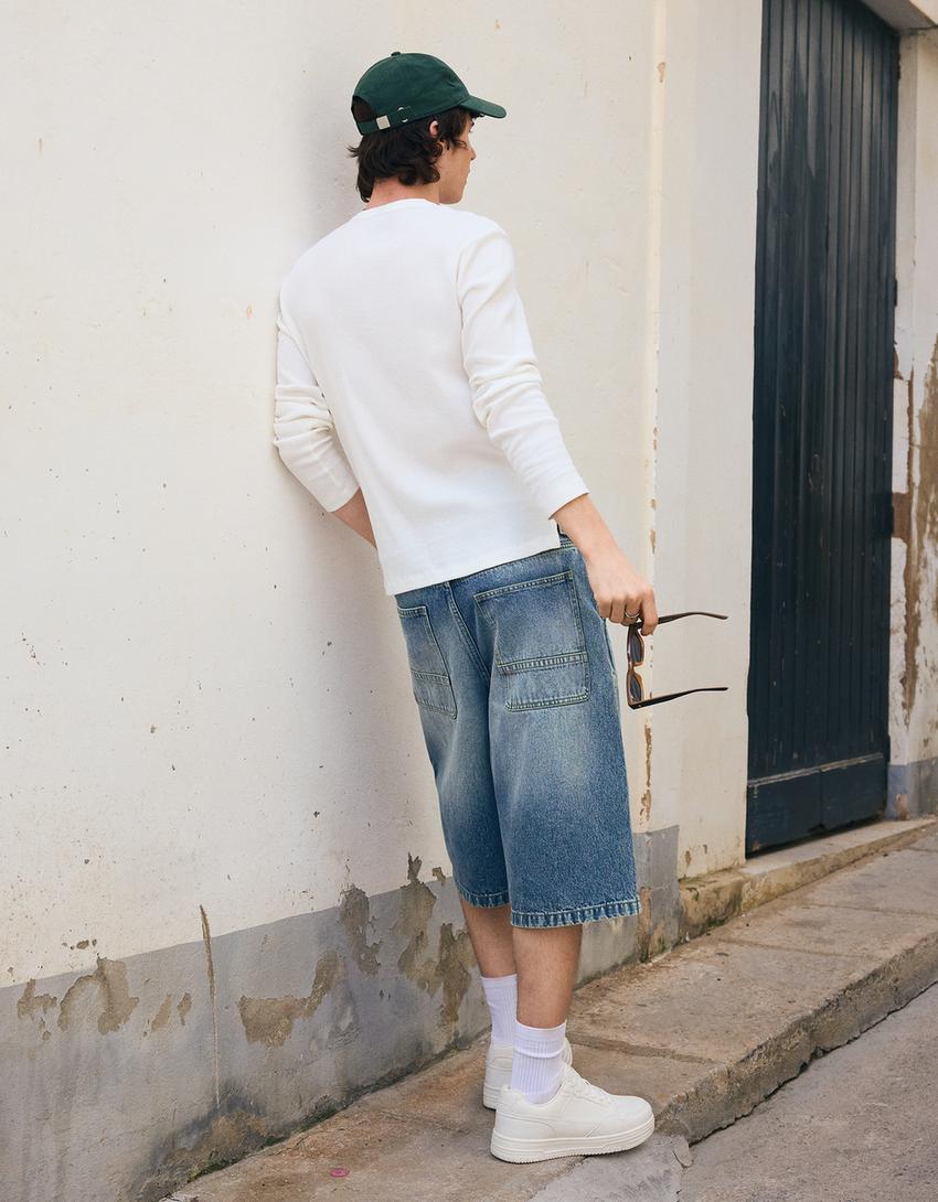 Calções bermuda denim Skater-Azul lavado