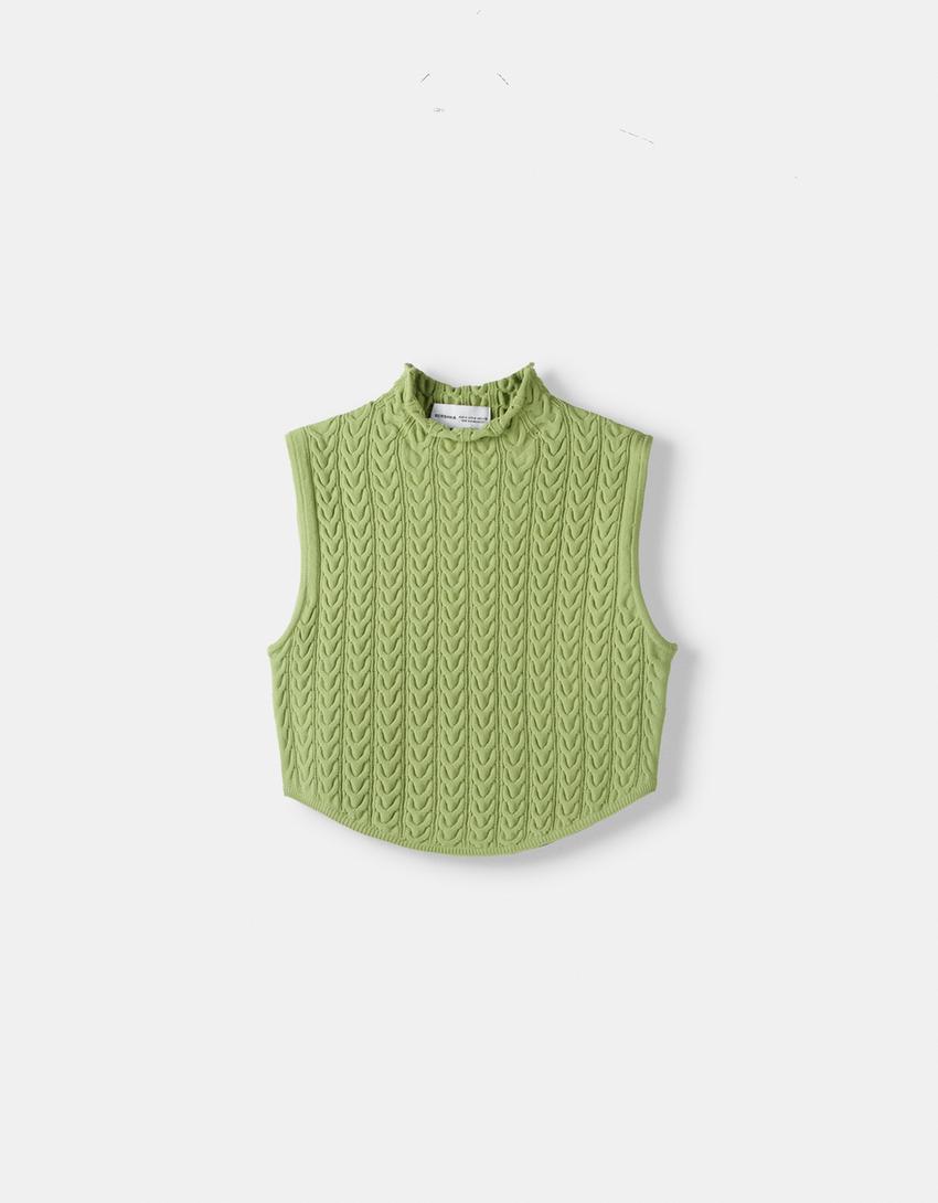Sleeveless cable-knit top with high neck-Green-4