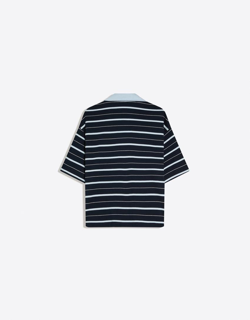 Embroidered stripe short sleeve polo shirt-Blue
