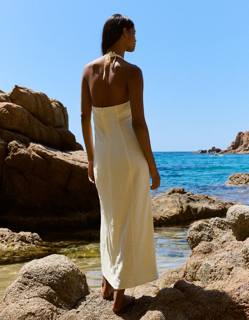 Halter midi dress with linen-Yellow