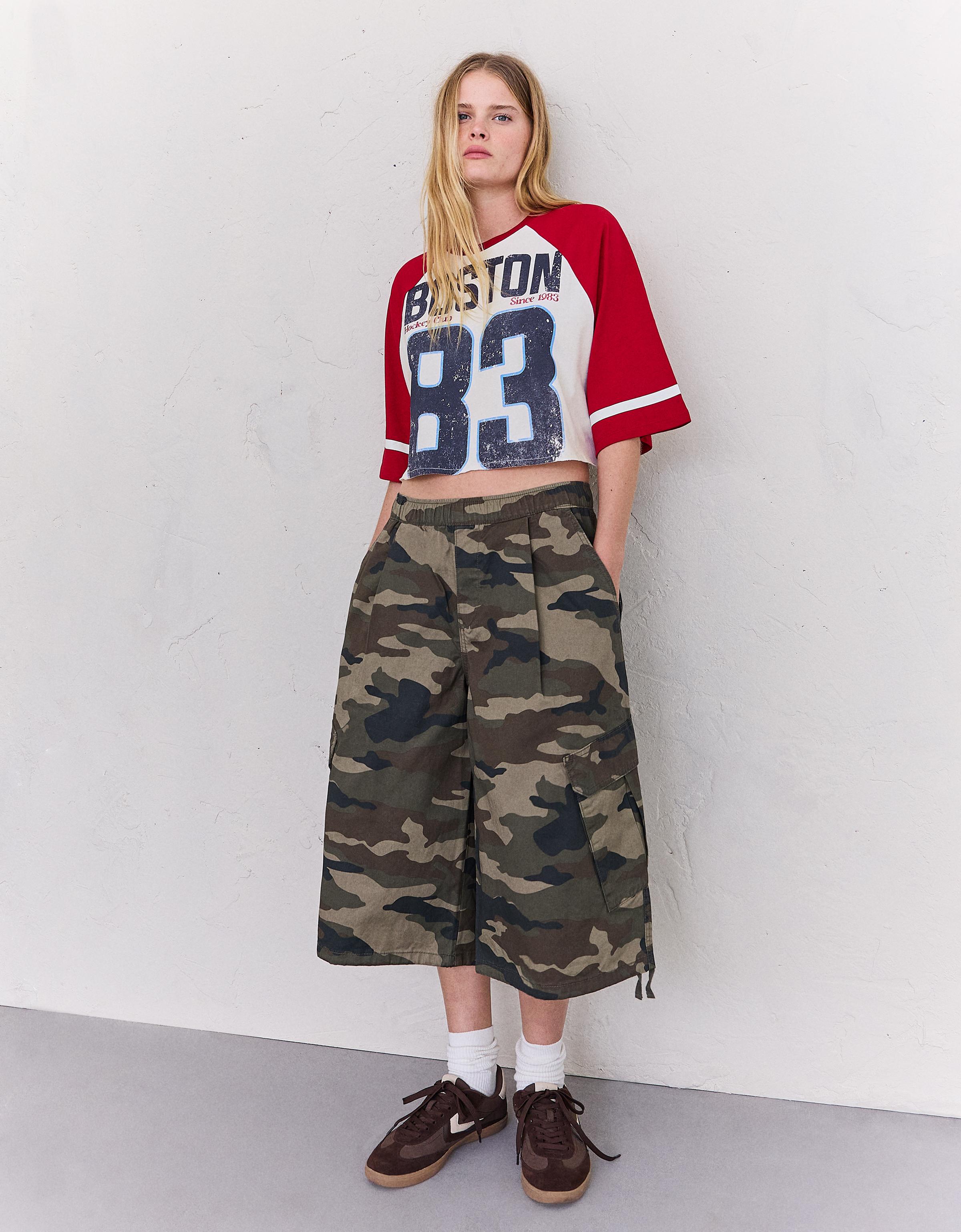 Bershka Camiseta Manga Corta Ranglan Print Mujer L Blanco