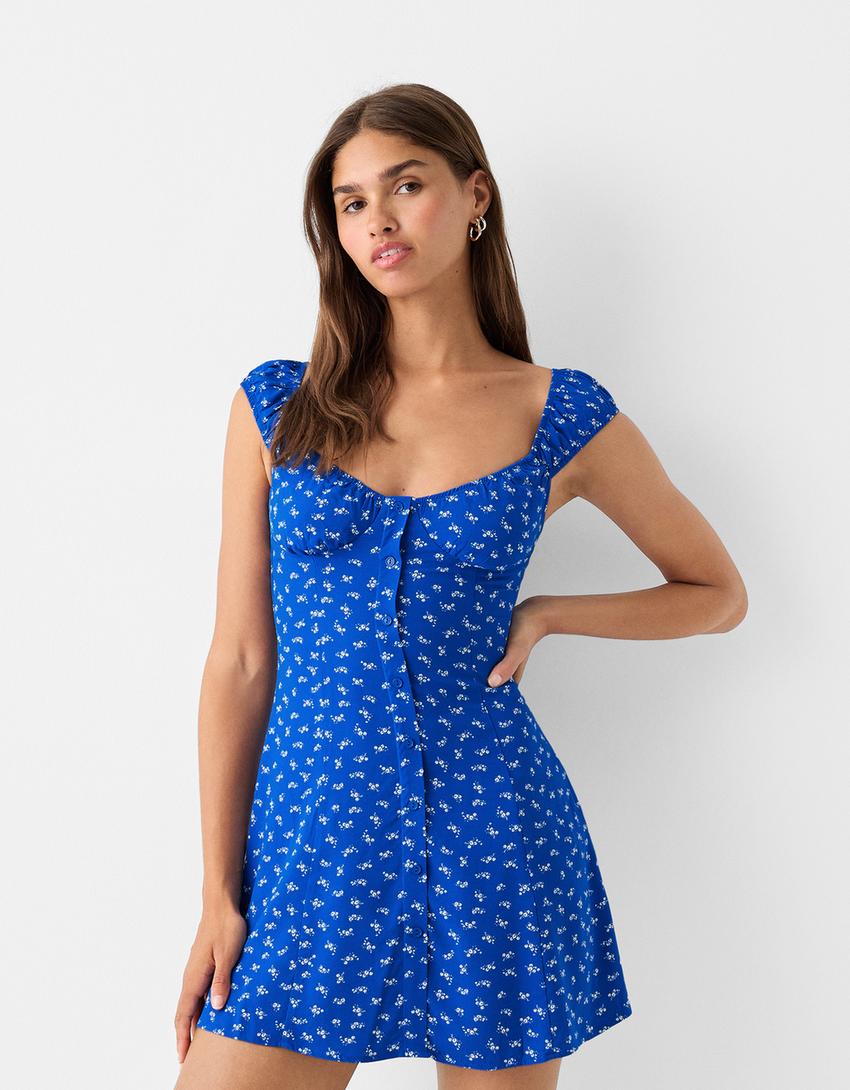 Düğmeli desenli volanlı mini elbise-Mavi-1