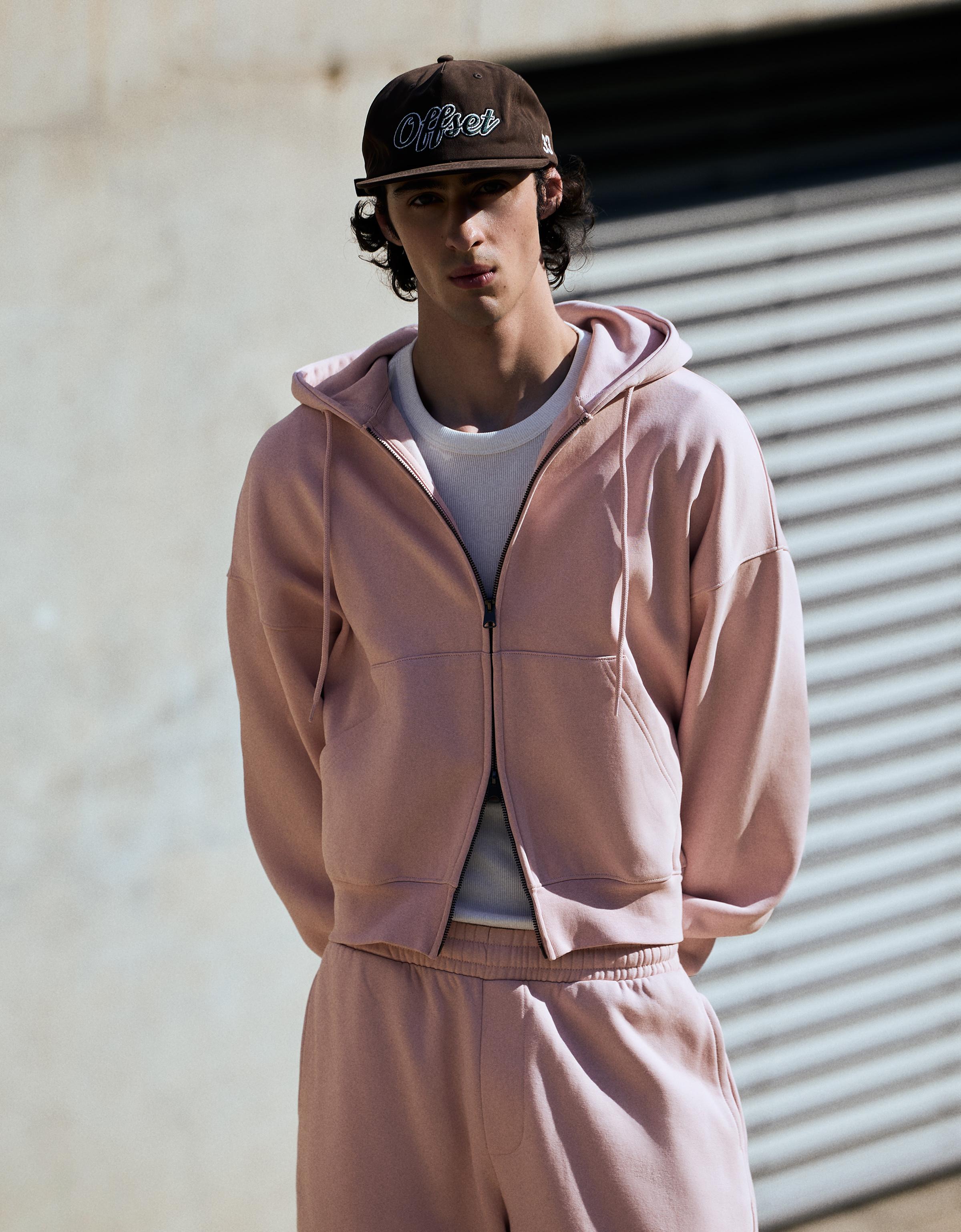 Bershka Sudadera Capucha Cremallera Hombre L Rosa