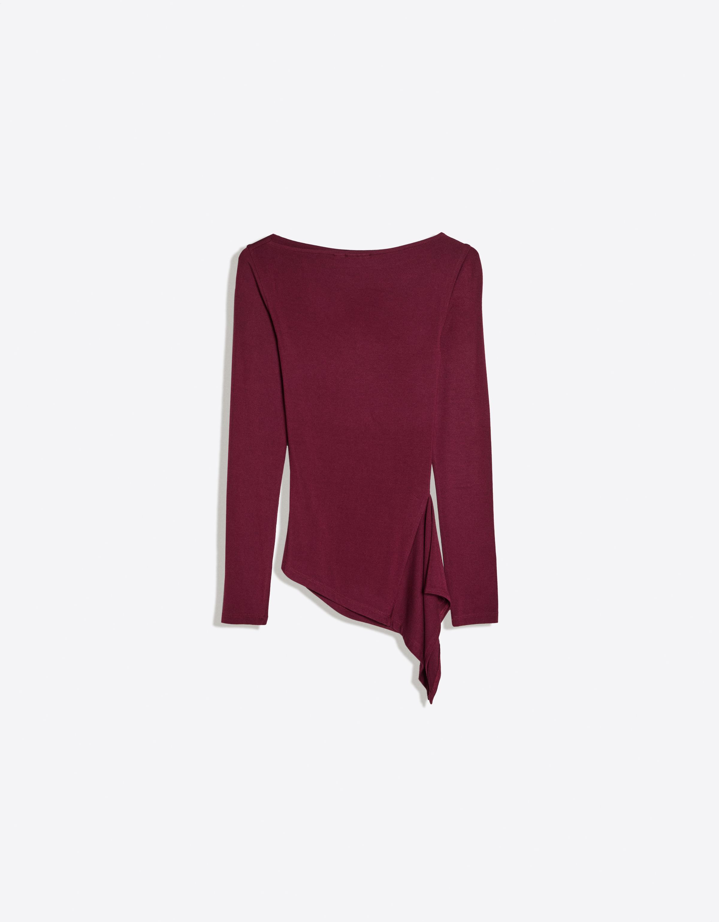 Long sleeve asymmetric gathered T-shirt — Burgundy