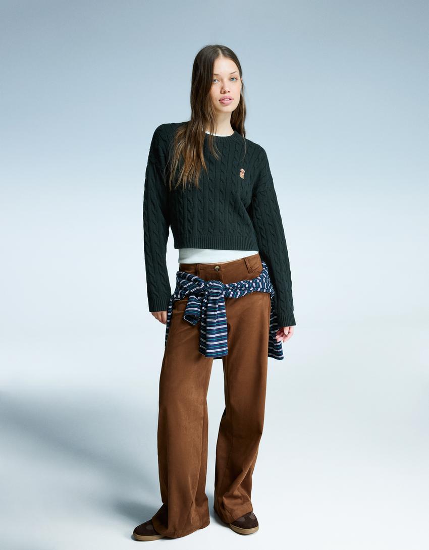 Embroidered cable-knit sweater-Green