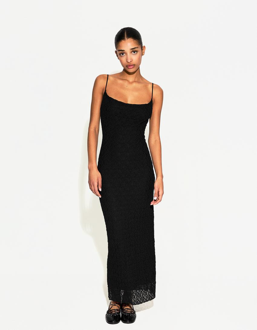 Vestido midi blonda encaje-Negro