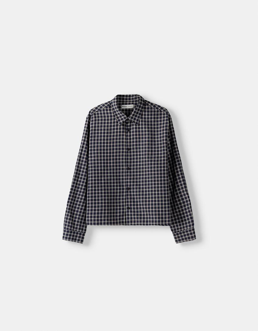 Boxy fit check long sleeve shirt-Navy