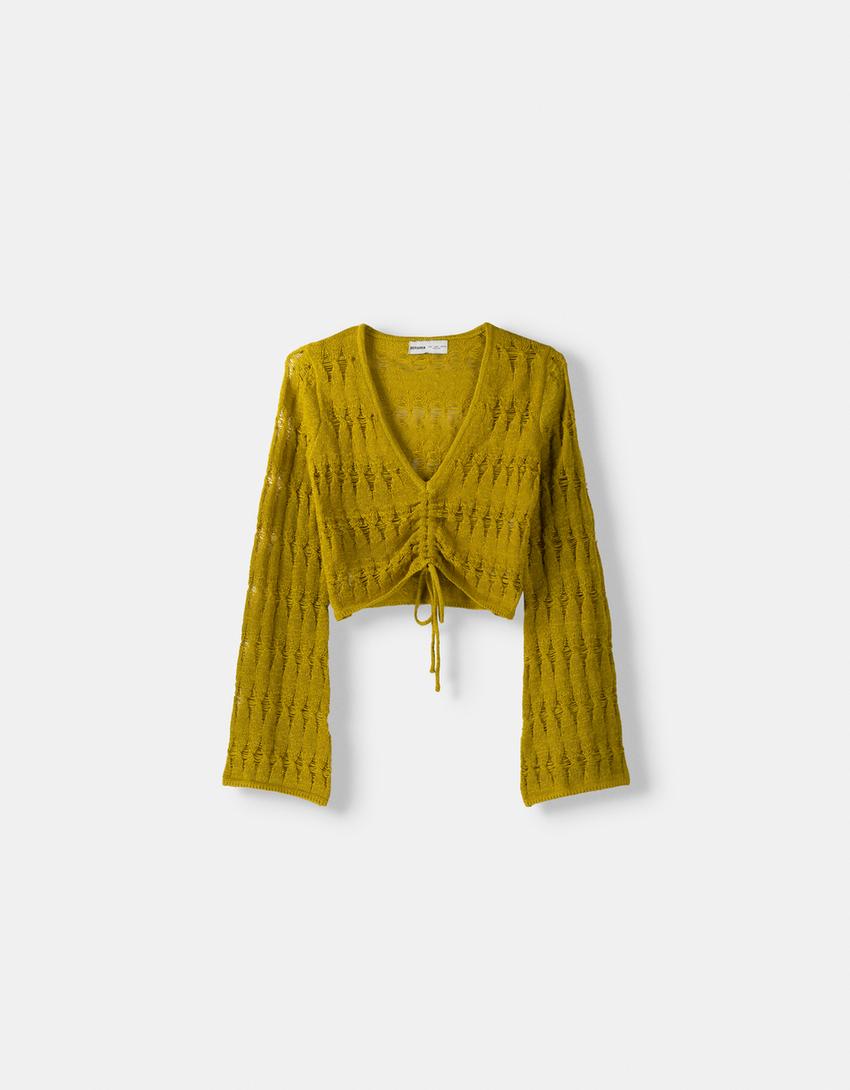 سويتر ريفي بفتحة صدر شكل V وزمة أمامية-أخضر-5