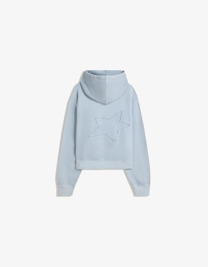 Cropped sweatshirt with zip and embroidery-Light blue