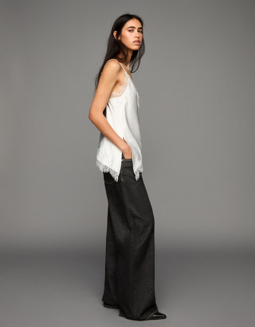 Asymmetric sateen strappy top-Cream