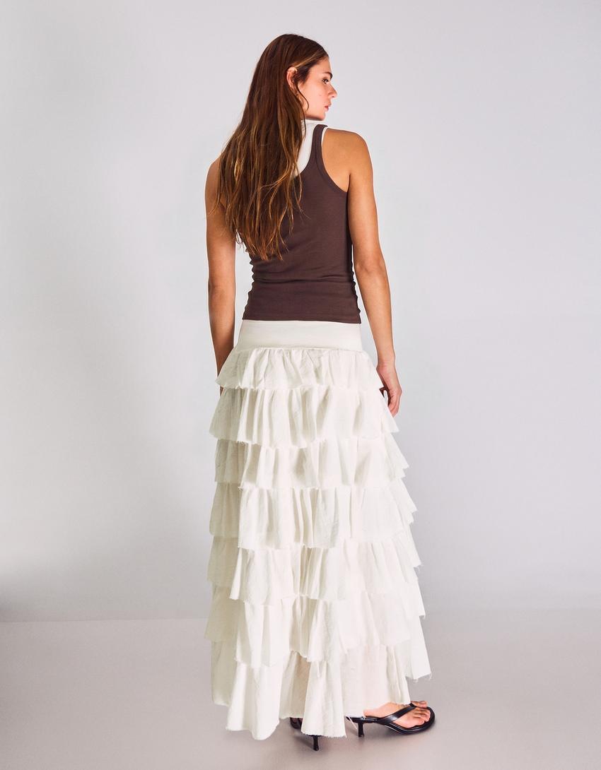 Saia midi rústica com babados-Off-white