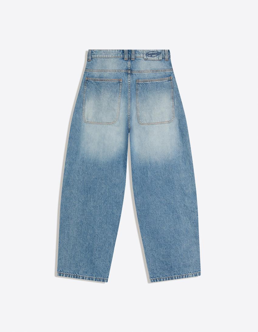 Jeans barrel fit à boutons croisés-Bleu lavé