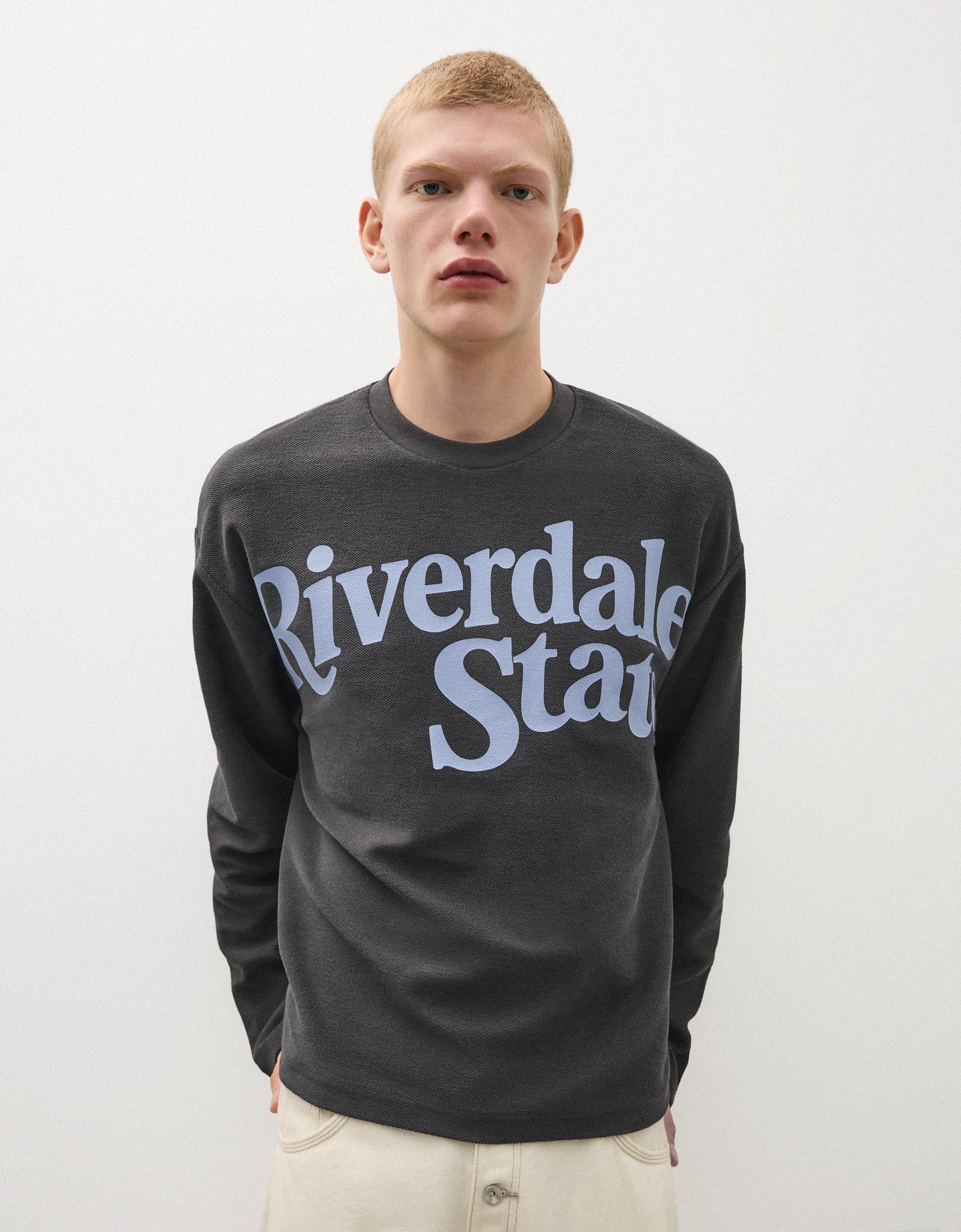 Printed plush round neck sweatshirt — Navy