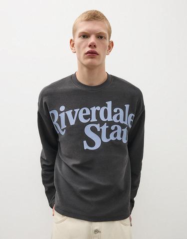 Printed plush round neck sweatshirt — Navy 4