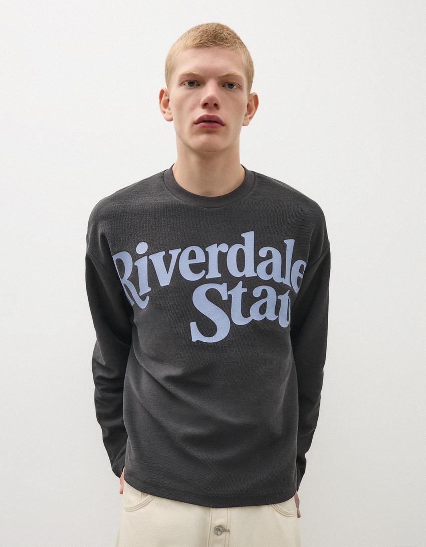 Printed plush round neck sweatshirt-Navy