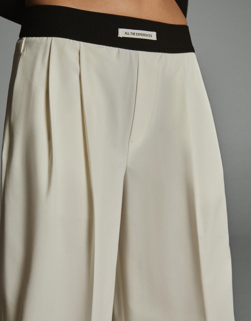 Wide-leg tailored fit trousers with elastic waist-Cream-3