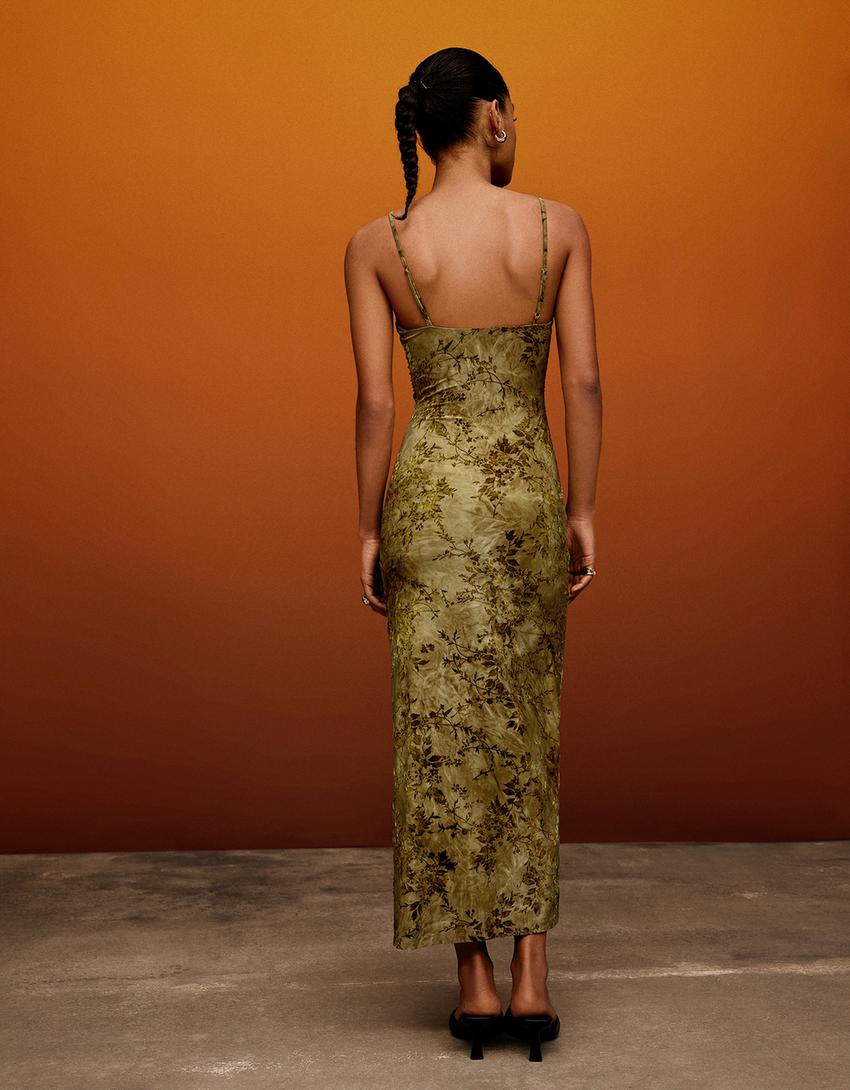 Robe midi à bretelles en tulle imprimé velours-Vert