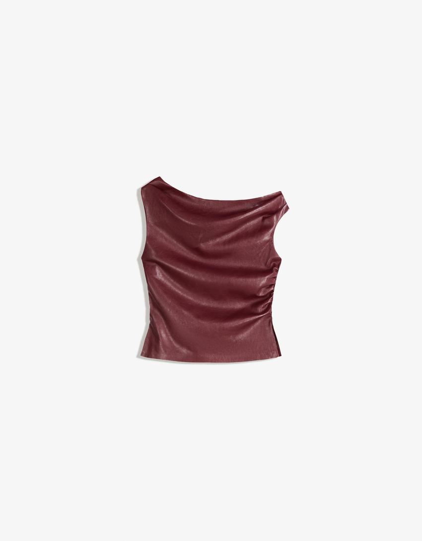 Asymmetric leather effect top-Maroon