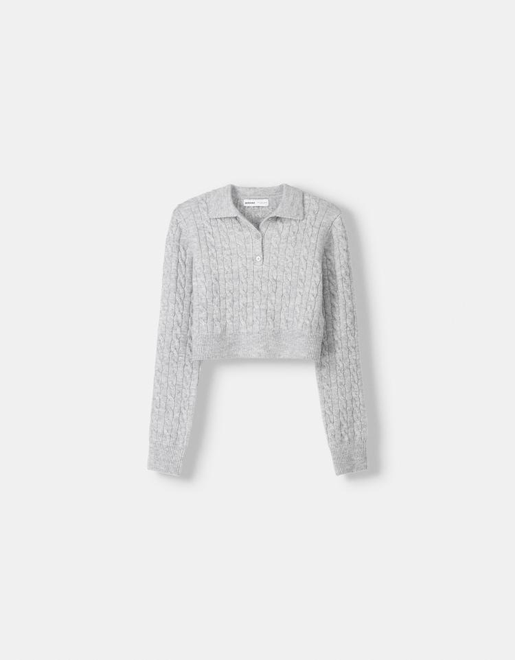 Cable-knit polo collar sweater