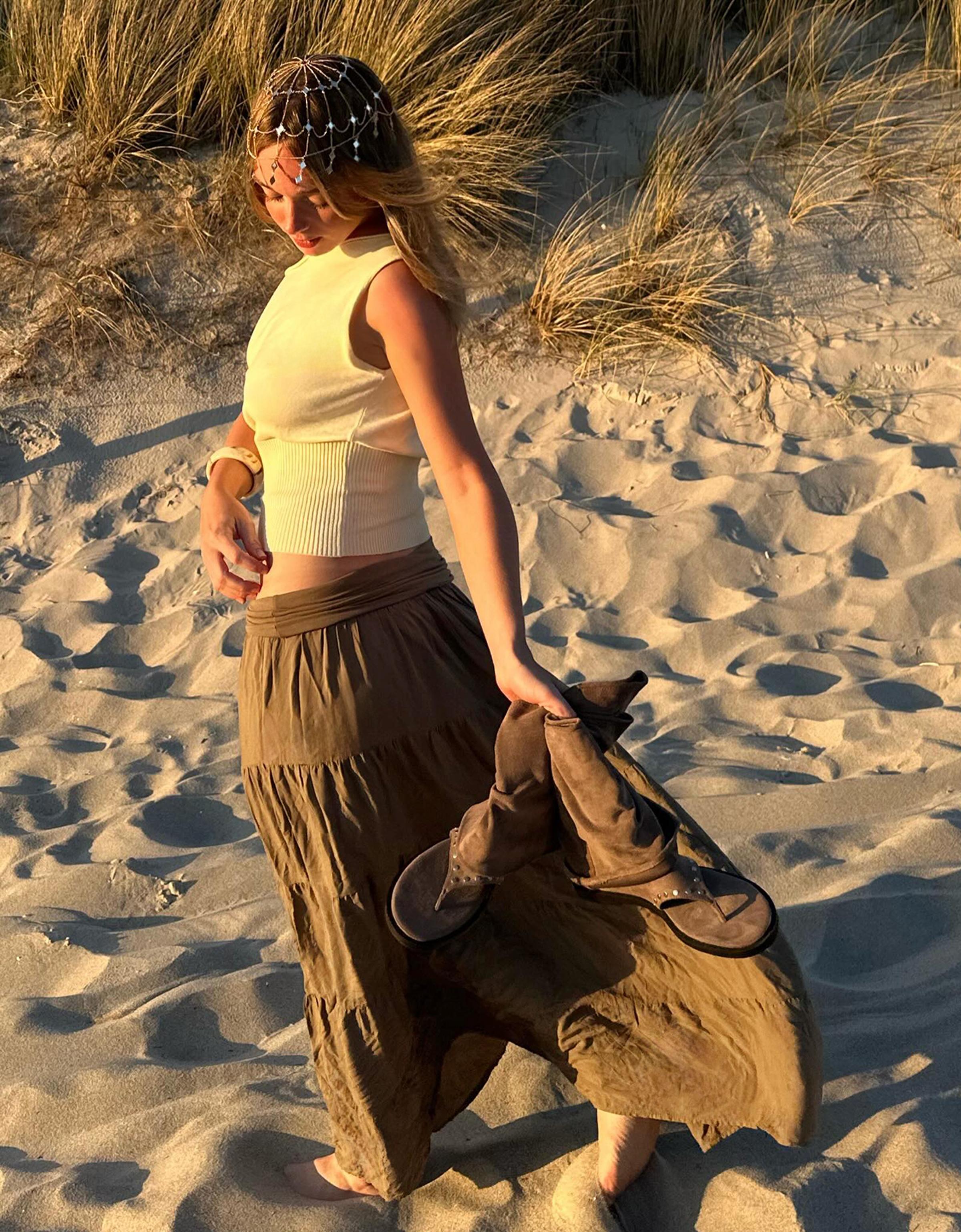 Fold-over waist midi skirt — Khaki