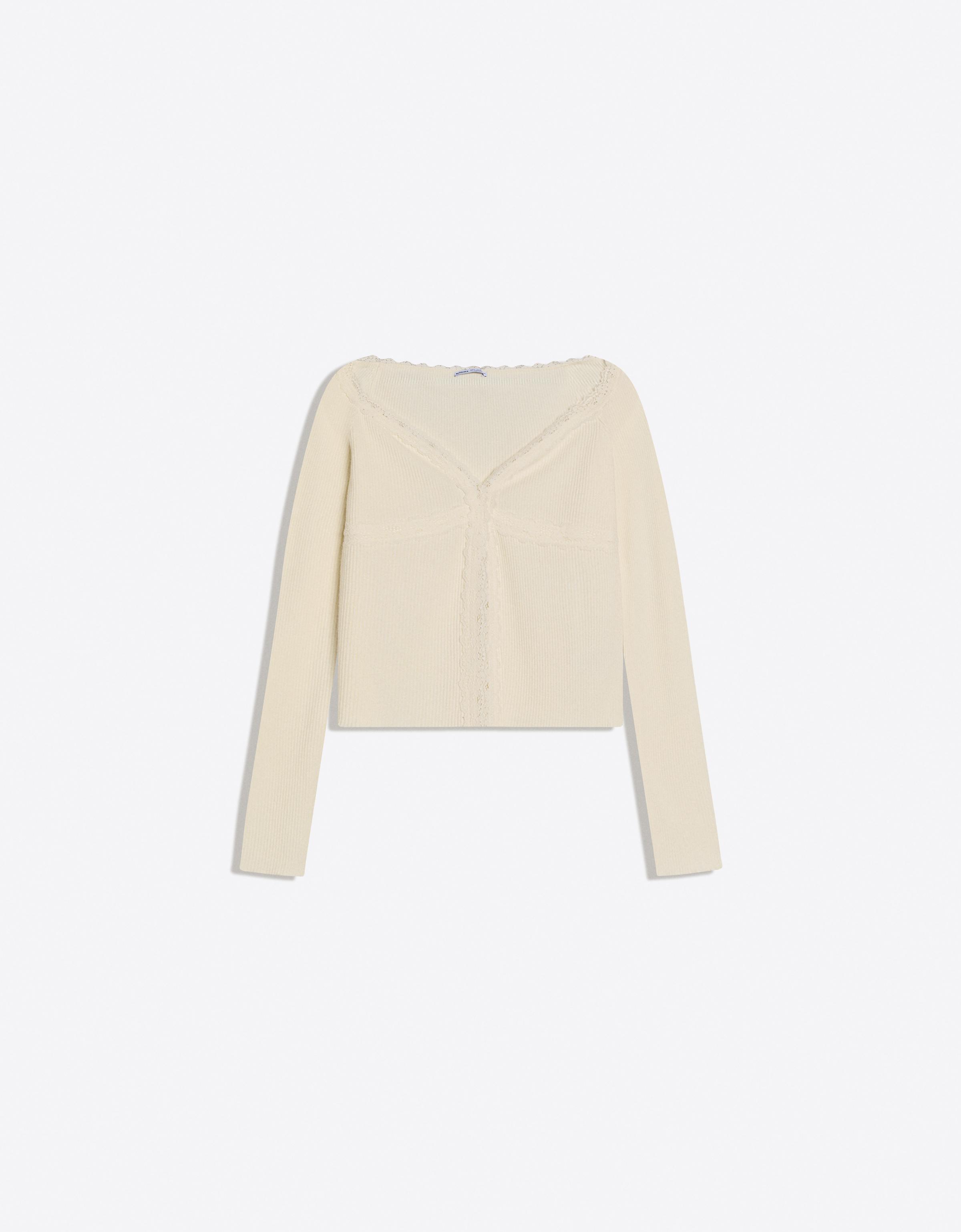 Bershka Shirt Mit Spitzenstrick Damen L Rohweiß