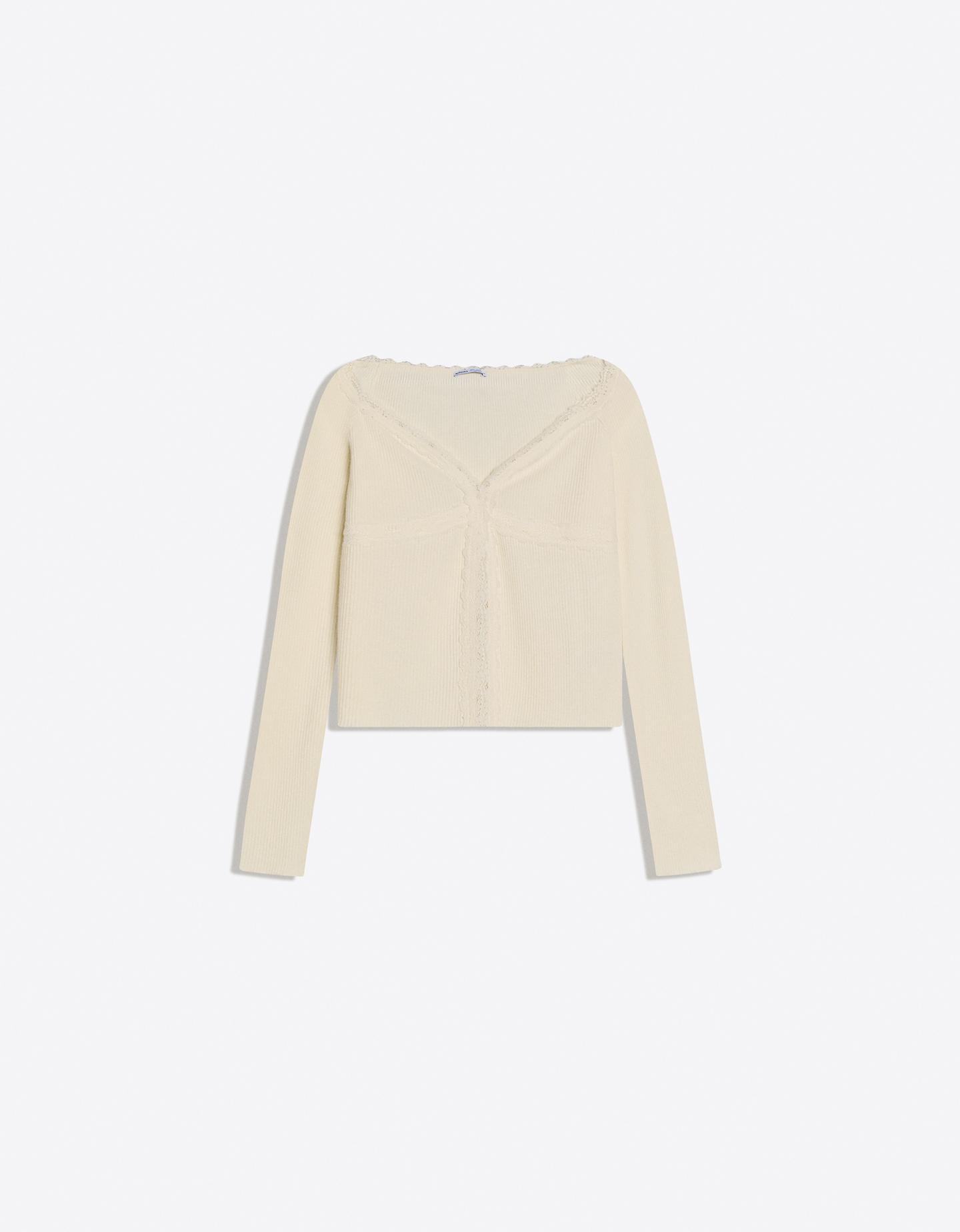 Bershka koszulka z koronki kremowy