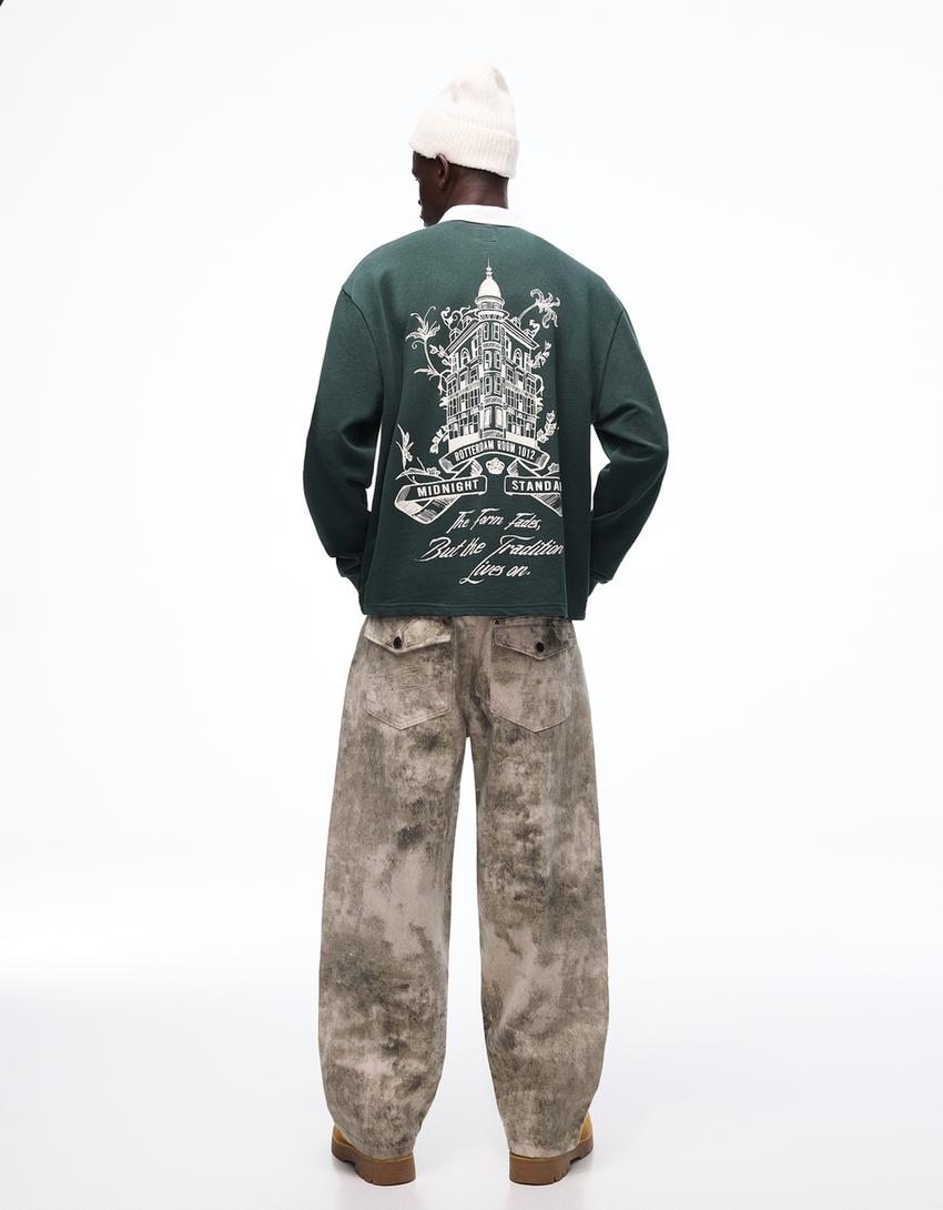 Boxy long sleeve polo shirt-Green