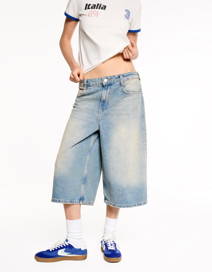 Bol denim bermuda şort-Soluk mavi-2