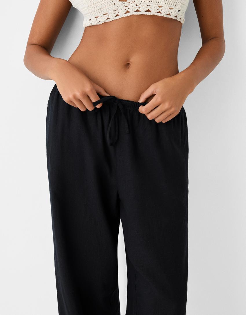 Calças direitas com linho cintura elástica-Preto-3