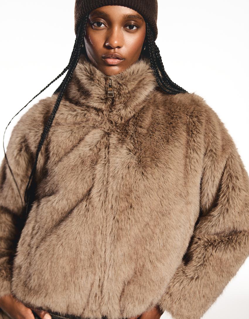Blouson fausse fourrure-Taupe