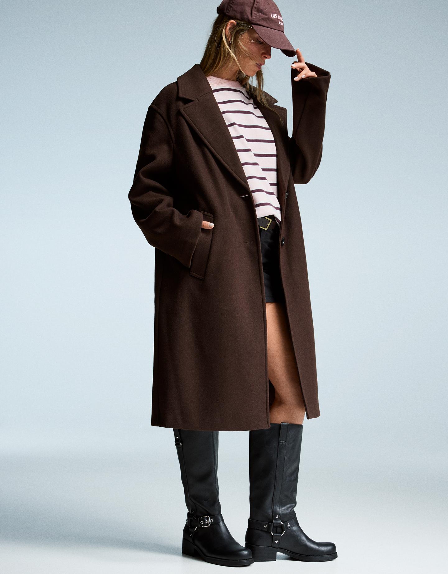 Bershka Abrigo Largo Soft Mujer S Marrón