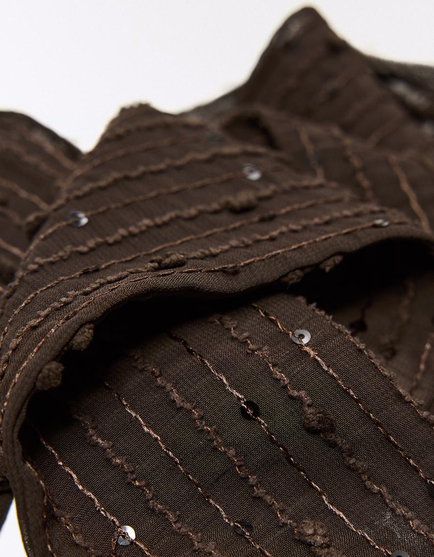 Sequinned tie scarf-Brown