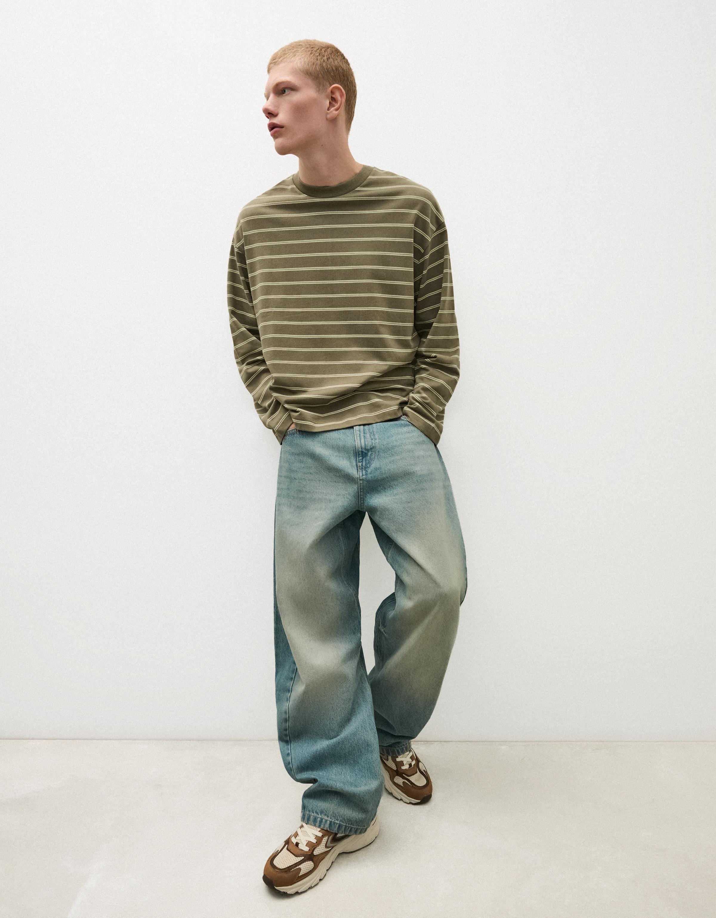 Bershka Camiseta Manga Larga Print Rayas Hombre L Kaki