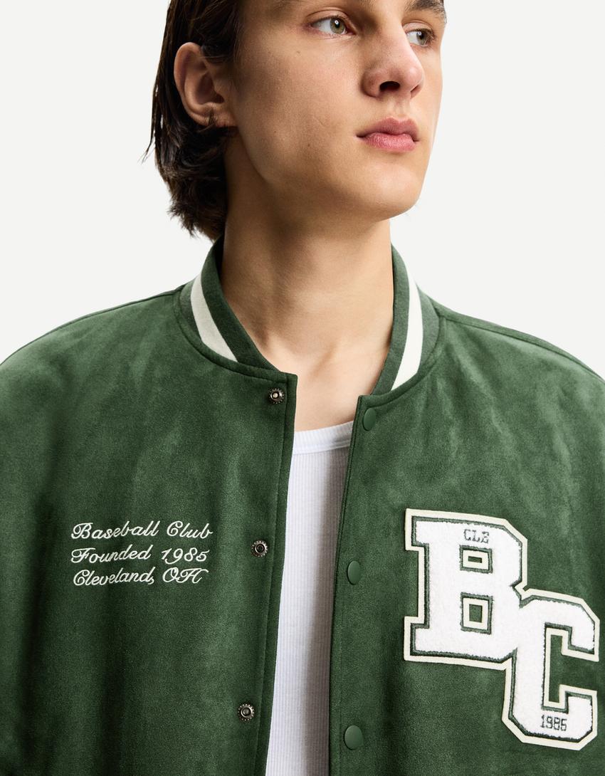 Cazadora varsity efecto suede-Verde
