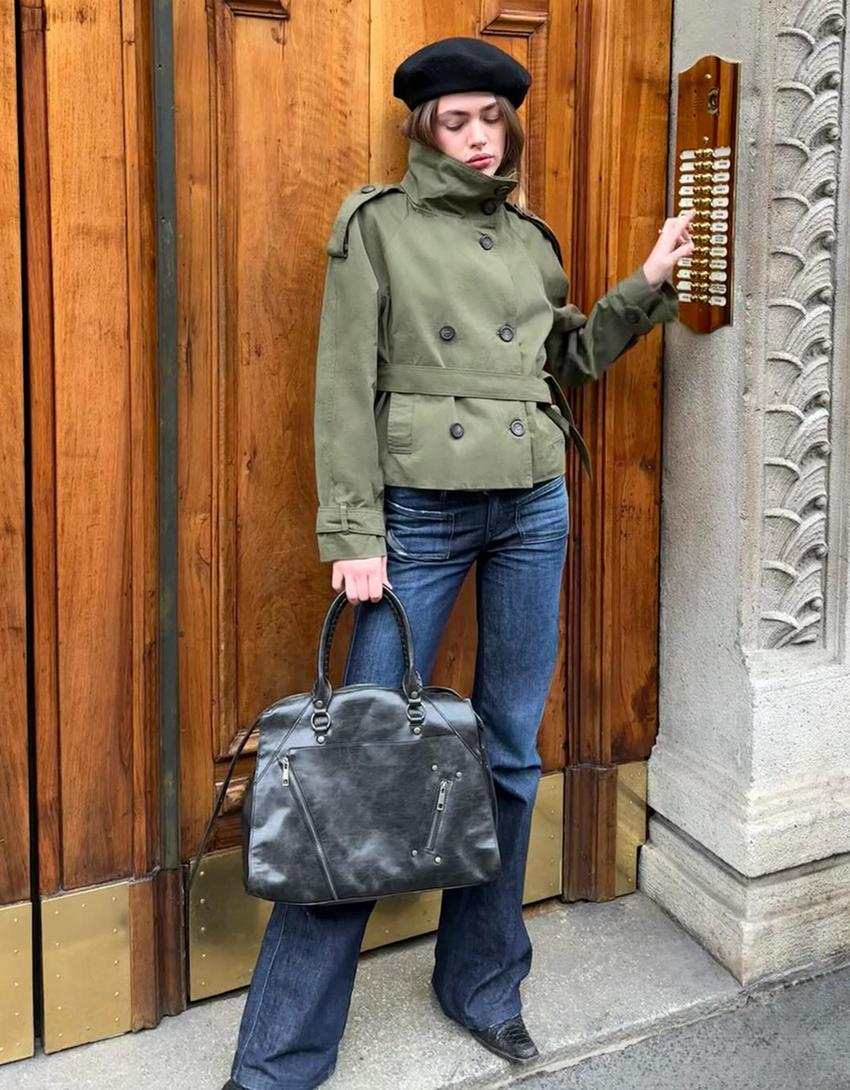 Trench-coat col cheminée-Kaki