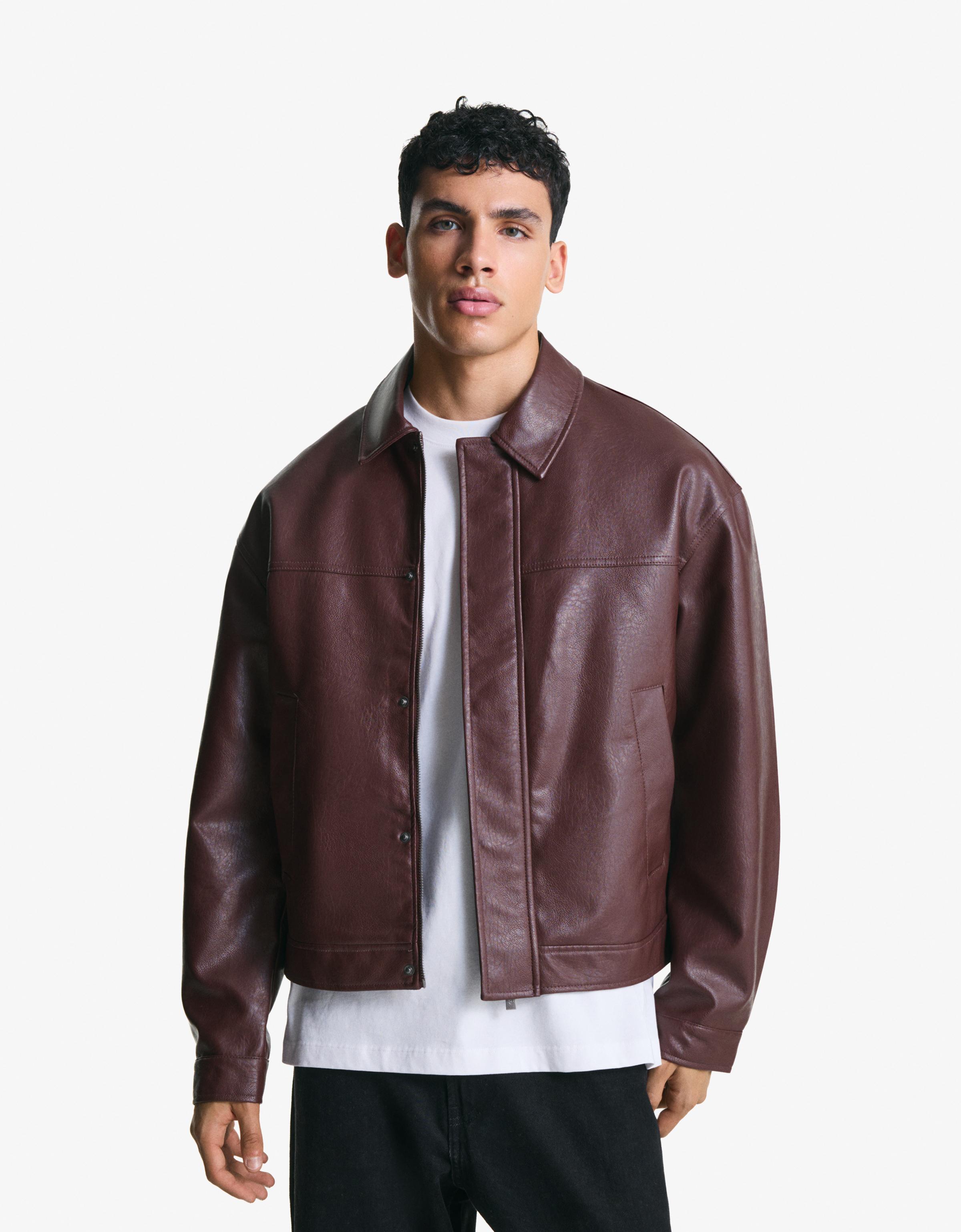 Bershka Jacke Aus Kunstleder Im Boxy-Stil Herren L Bordeaux