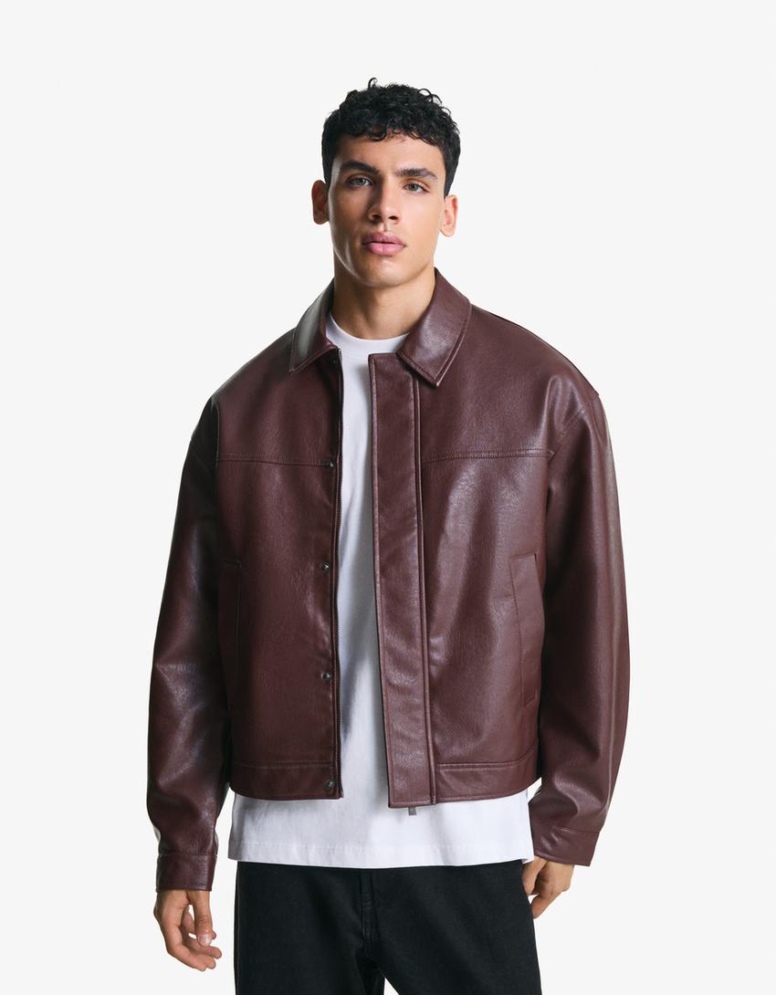 Veste boxy fit en similicuir-Bordeaux-0