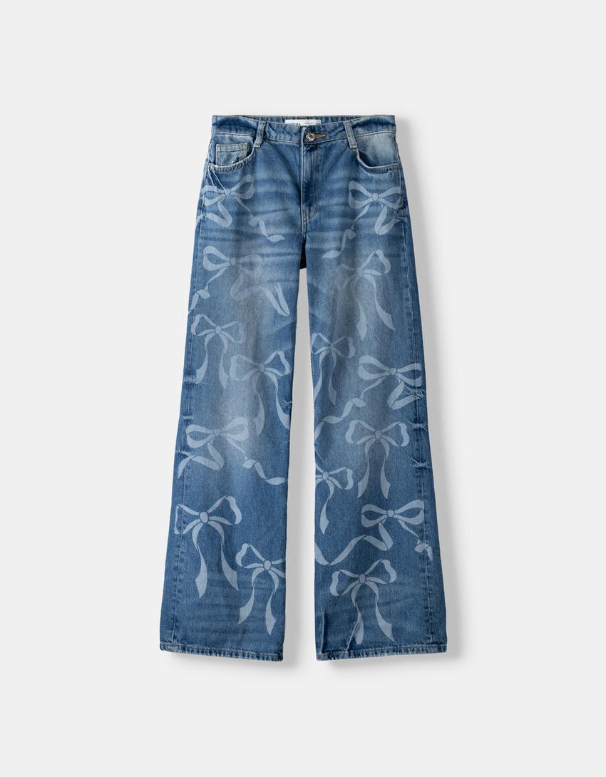Baggy jeans with printed bows-Blue-5