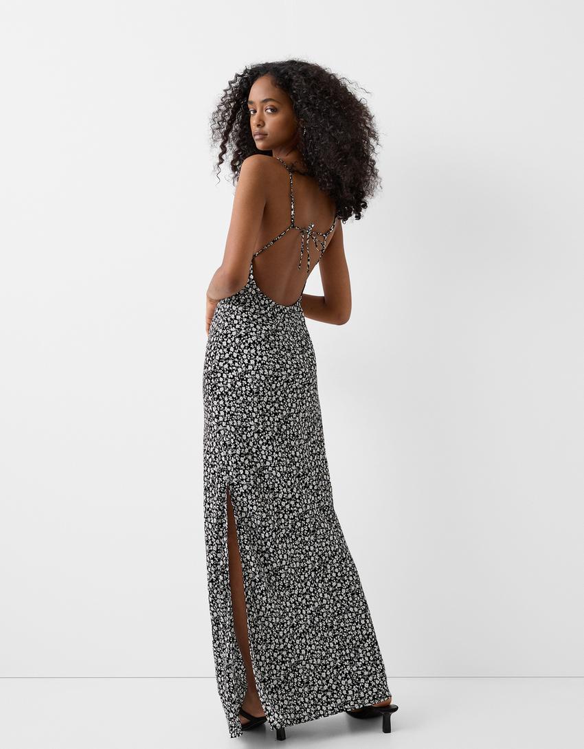 فستان طويل مطبوع بحمالات وفتحة عنق بحافة دانتيل-أبيض / أسود-2