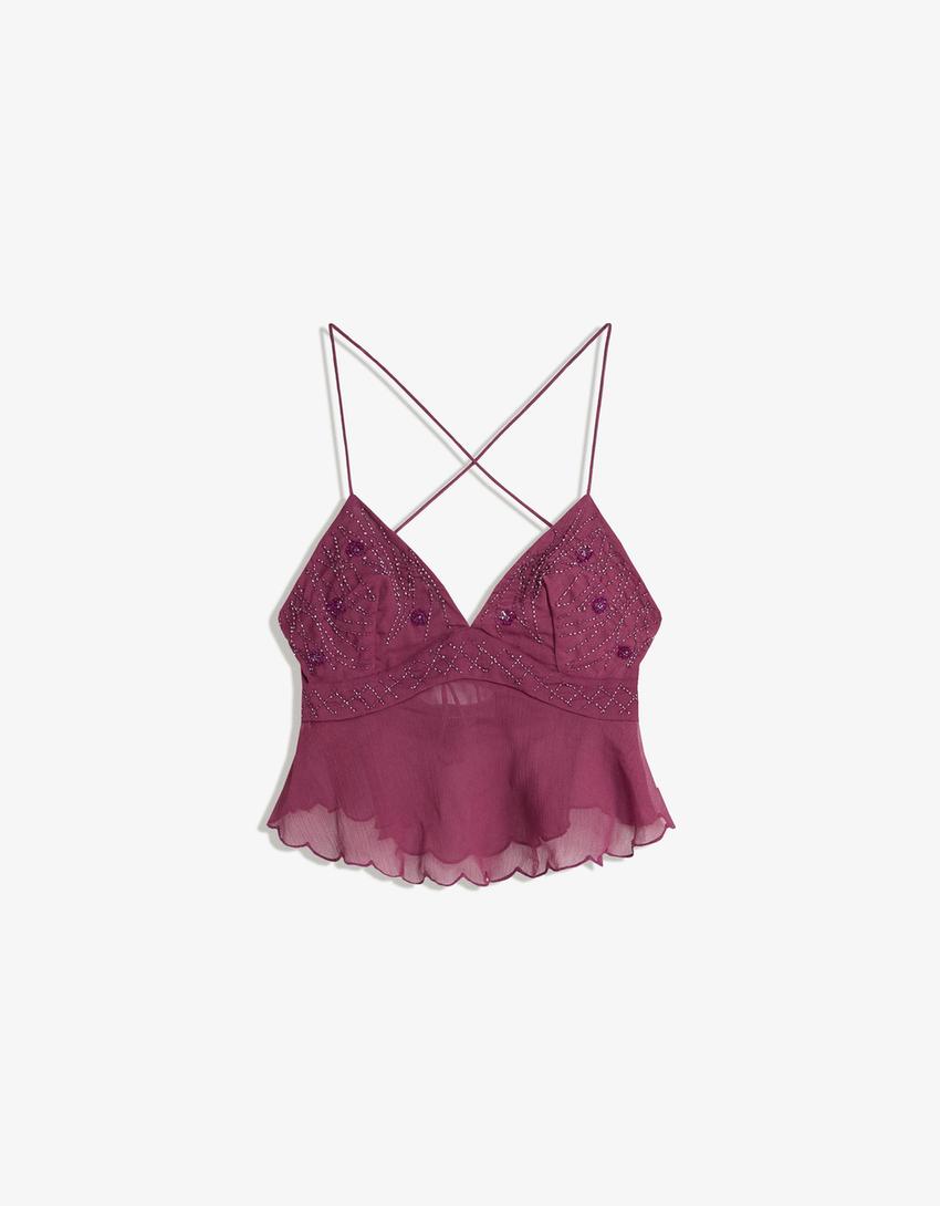 Embroidered strappy crop top-Maroon