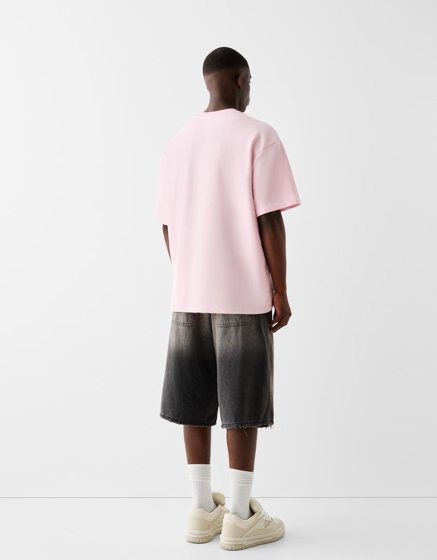 تيشرت ناعم بتطريز وبأكمام قصيرة-زهري-1