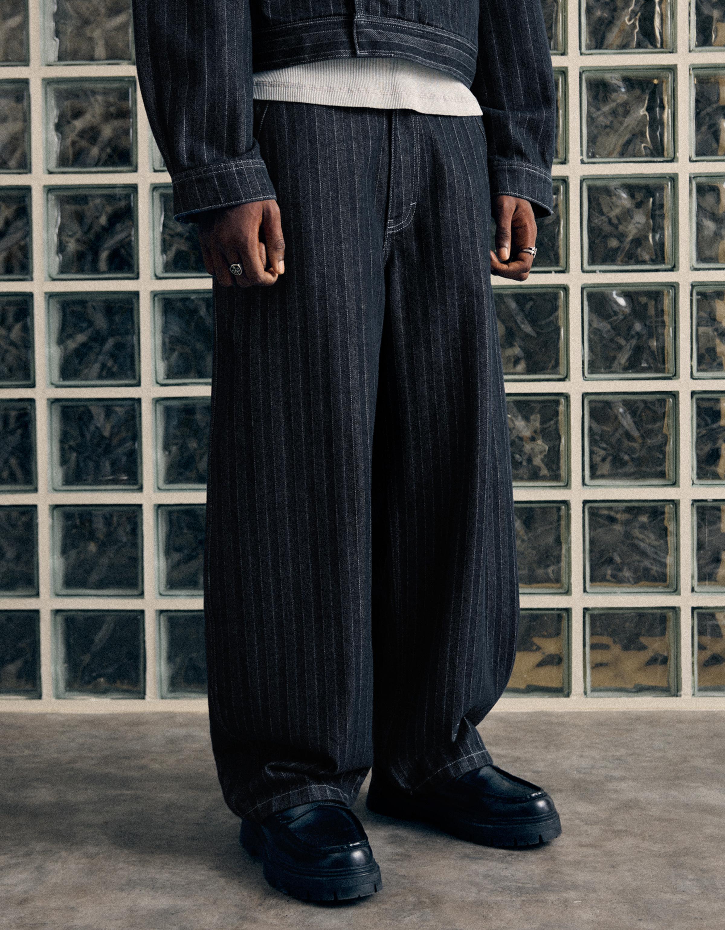 Pinstripe texture baggy jeans — Navy