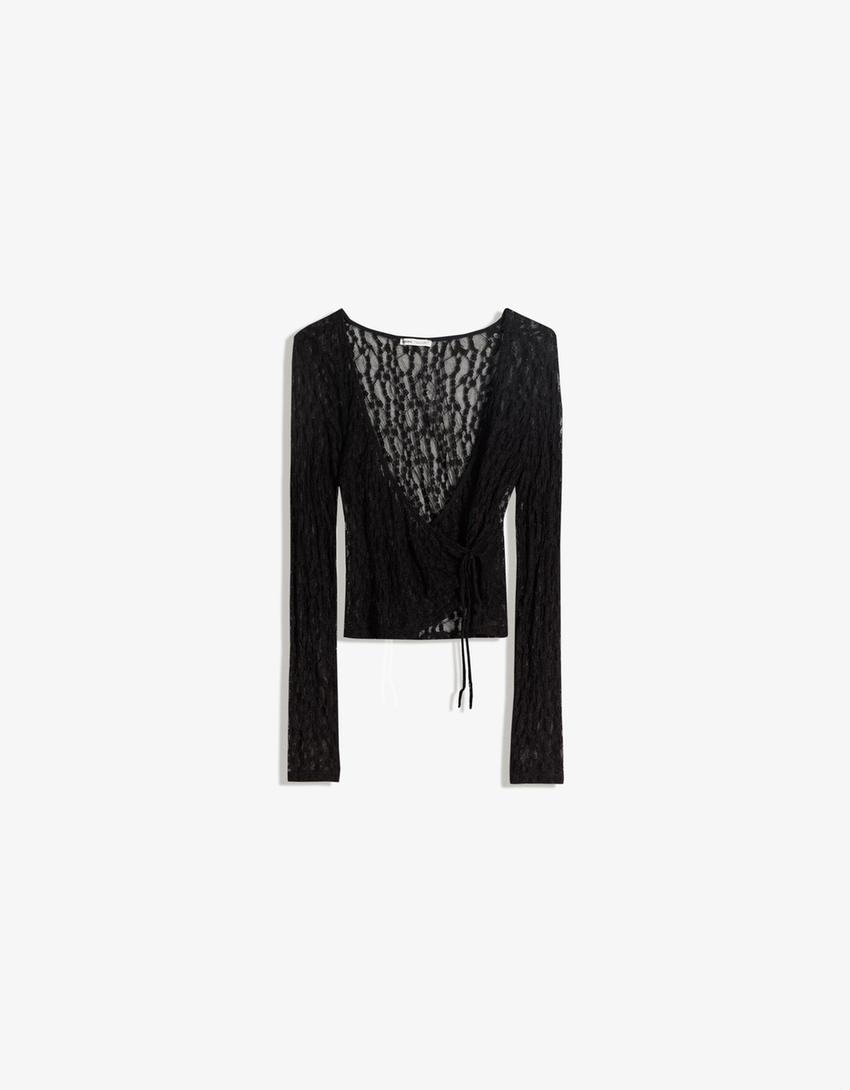 Camiseta manga larga blonda nudo-Negro