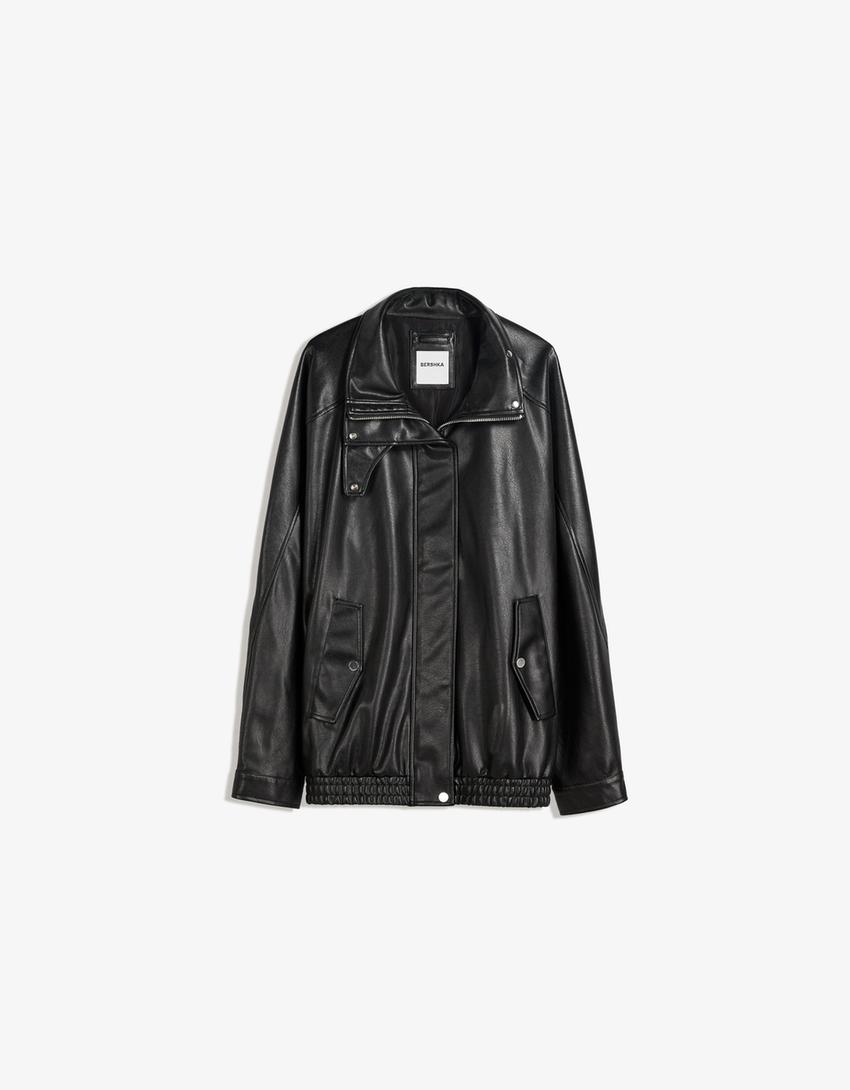 Oversize faux leather jacket-Black-4